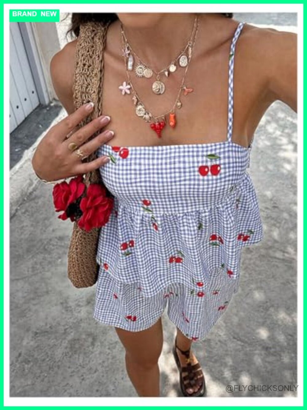 2 Piece Gingham Cherry Print Babydoll Camisole Shorts Set Summer Outfit - Picture 3 of 5